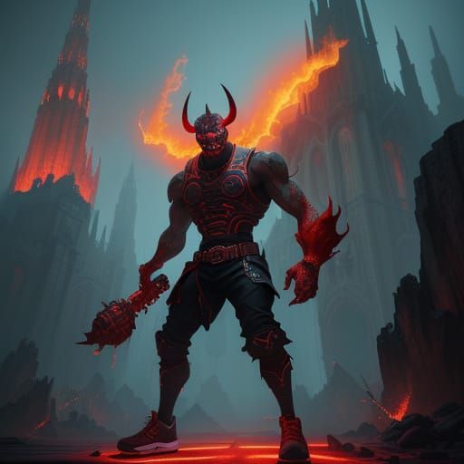 Surreal Devil Dribbles Basketball in Hellish Arena