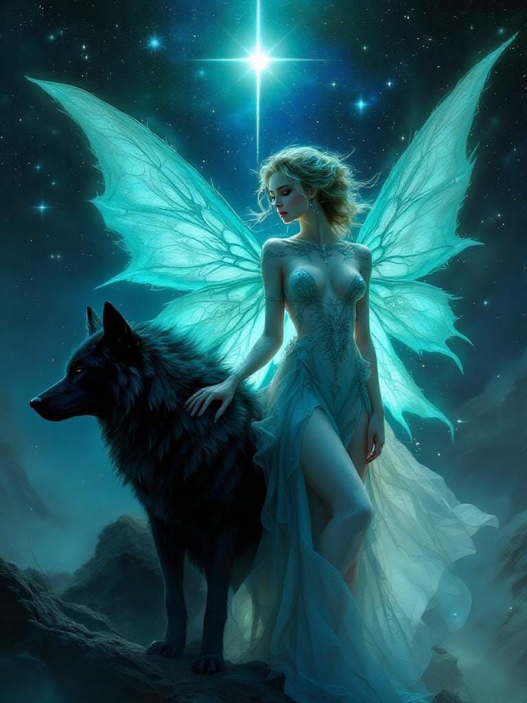 Luminous Fairy and Black Wolf Under Starry Night