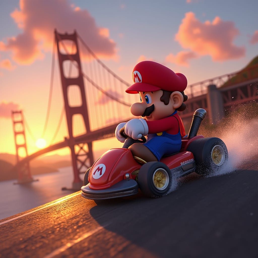 Mario Kart Races Over Golden Gate Bridge at Sunset