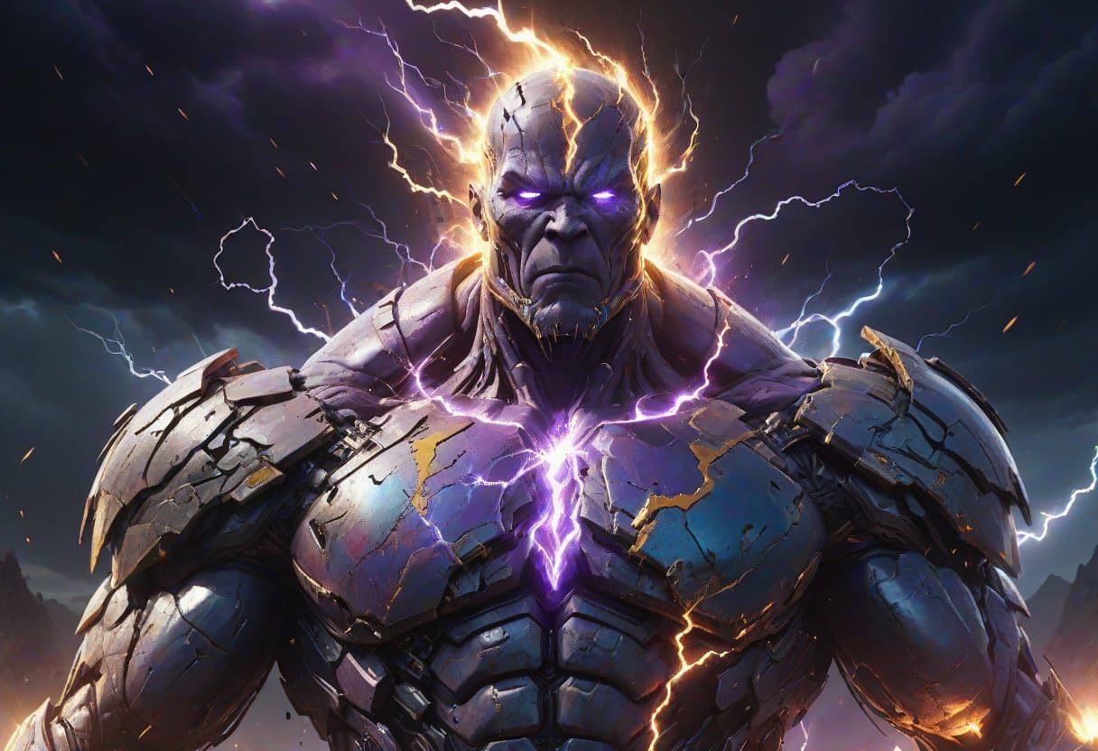 Colossal Figure Crackles with Cosmic Lightning in Wasteland