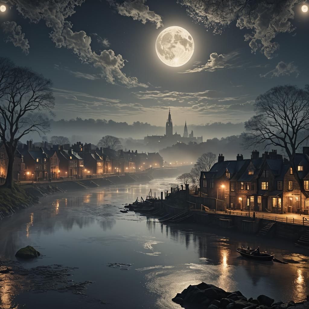 Foggy Tyne River at Night: Digital Matte Painting