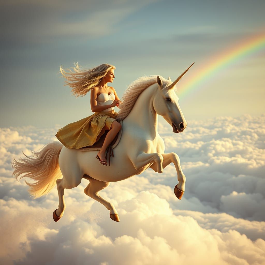 Ethereal Goddess Soars Above Clouds on Unicorn, Rainbow in D...