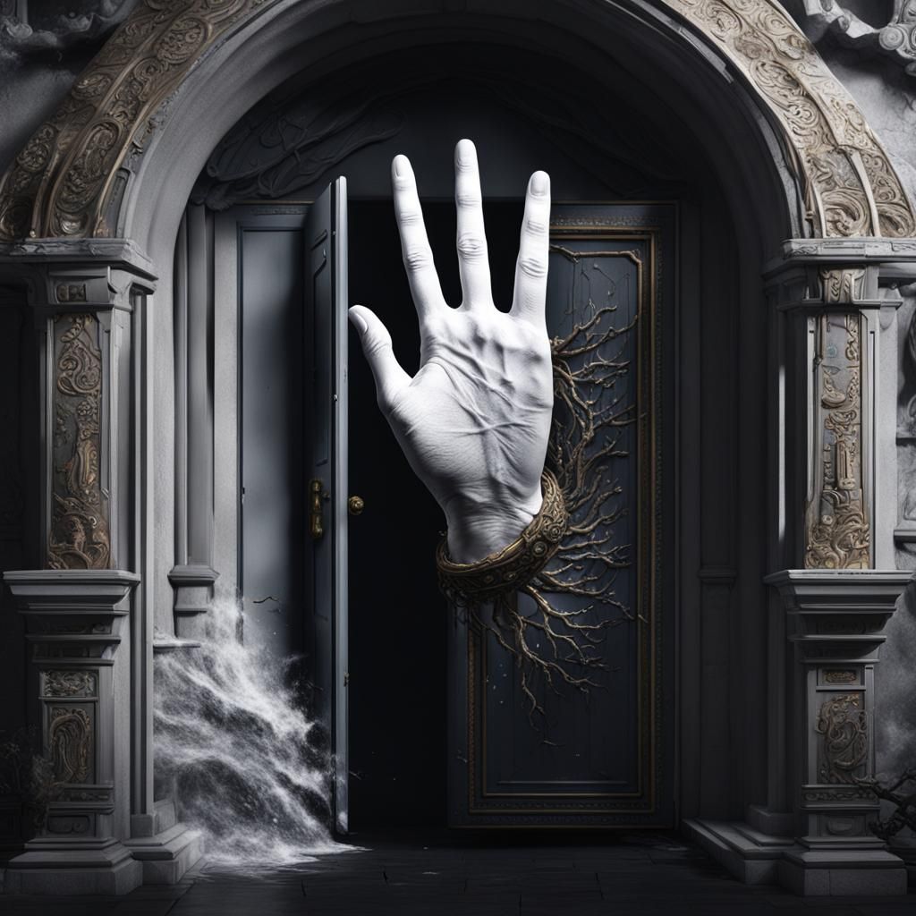 White Hand Reaching From Dark Doorway in Detailed Painting