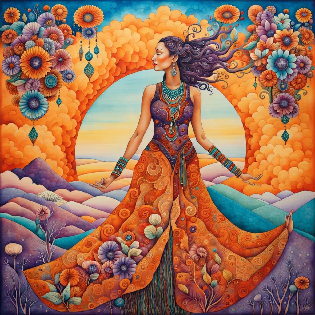 Woman in Floral Dress Reaching for the Sky