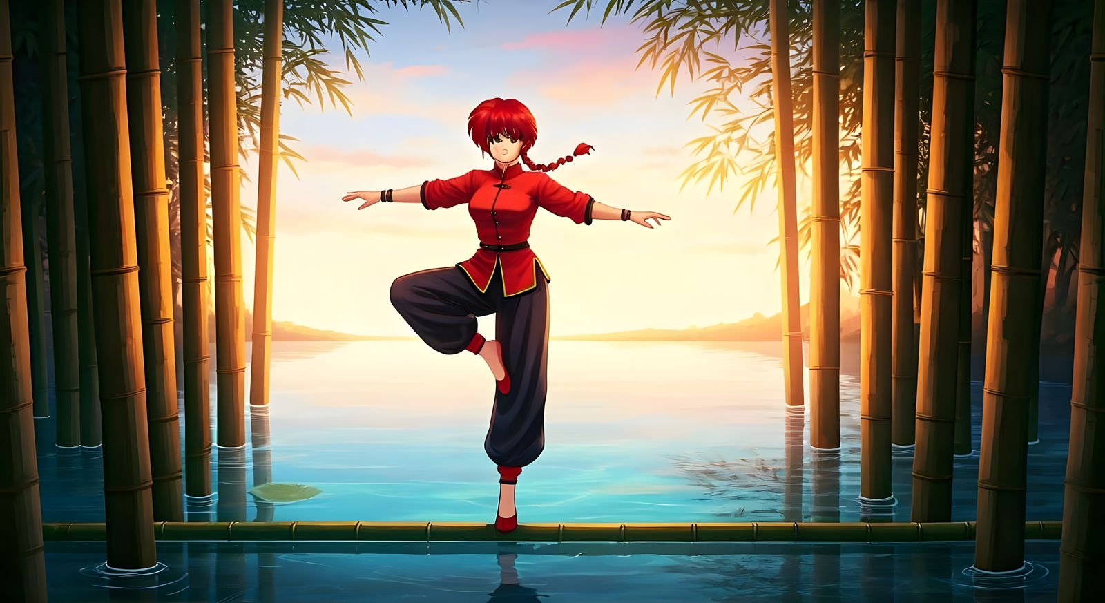 Determined Martial Artist Girl in Serene Bamboo Setting