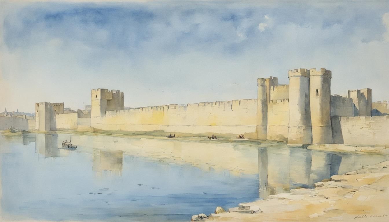 Aigues-Mortes City Walls in Faded Watercolor