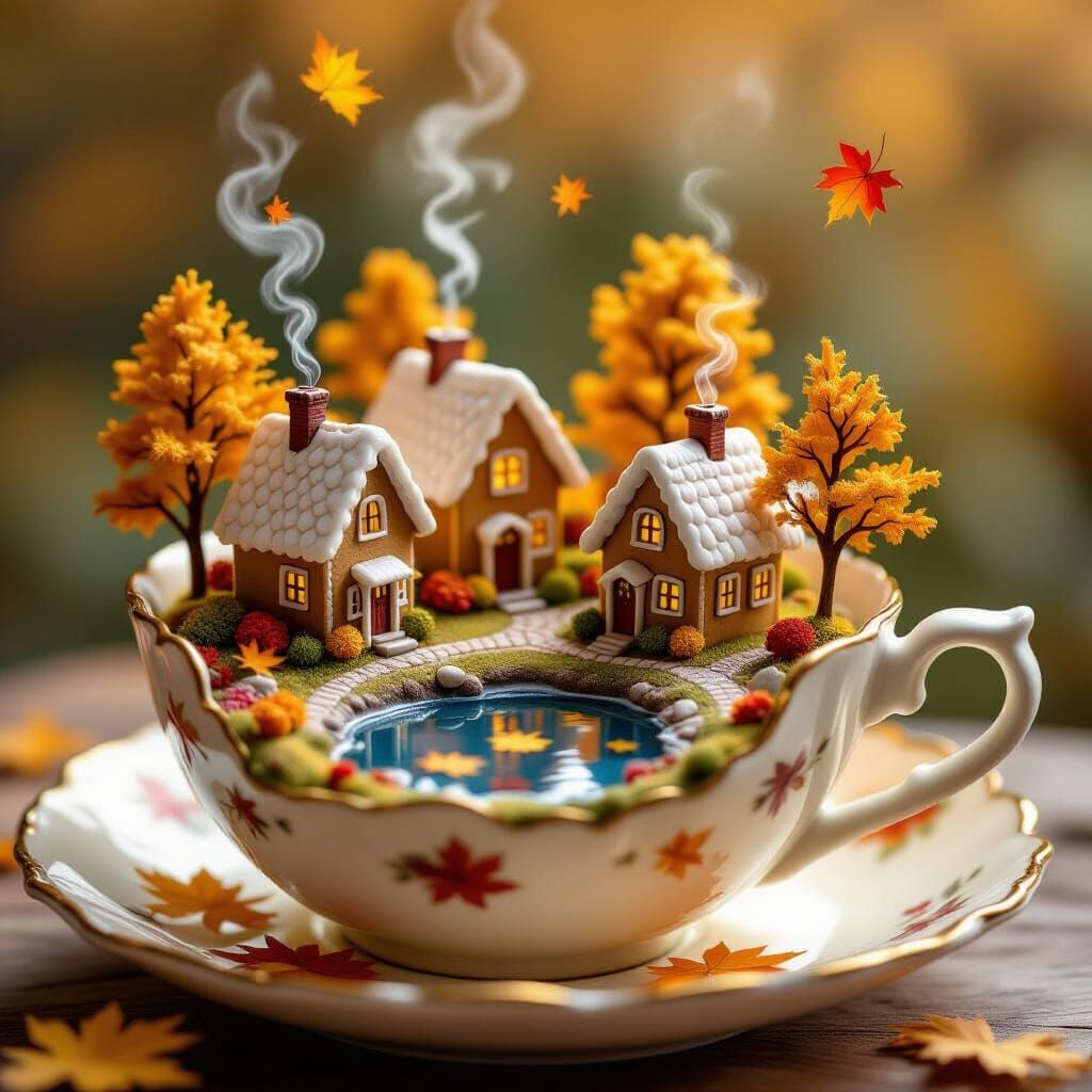 Miniature Autumn Village Inside a Teacup