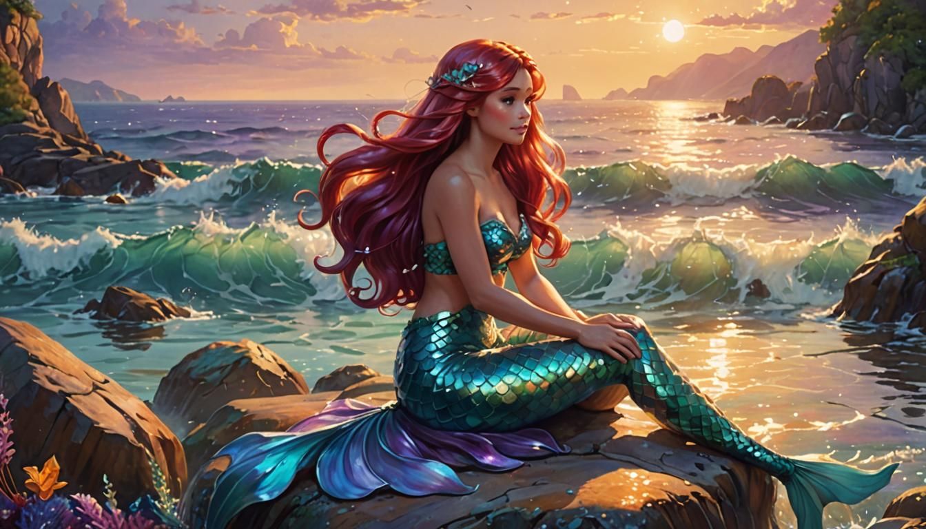 Ariel Mermaid Fantasy Art in Watercolor Style