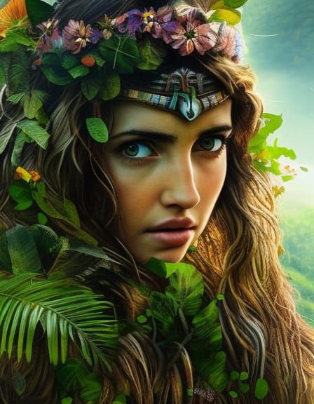 Goddess in Aztec Jungle Temple: Realistic Portrait