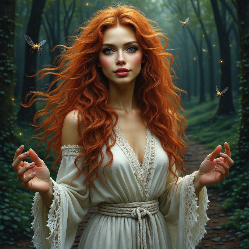 Red-Haired Magical Woman Casting Spells in Dark Wood