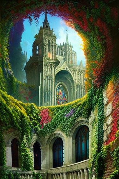 Cathedral Overtaken by Vegetation in Studio Ghibli Style