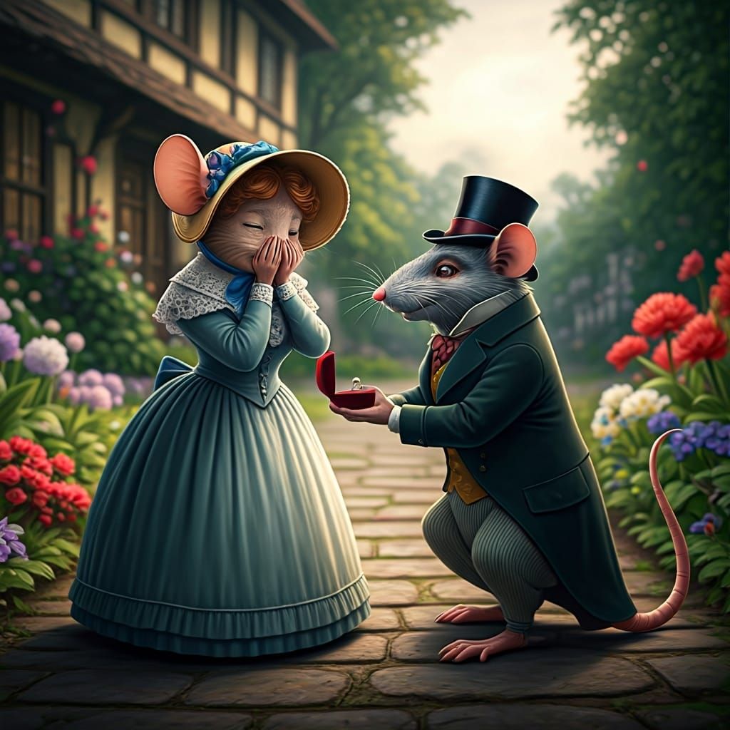 Victorian Mouse Proposal in Lush Garden Scene