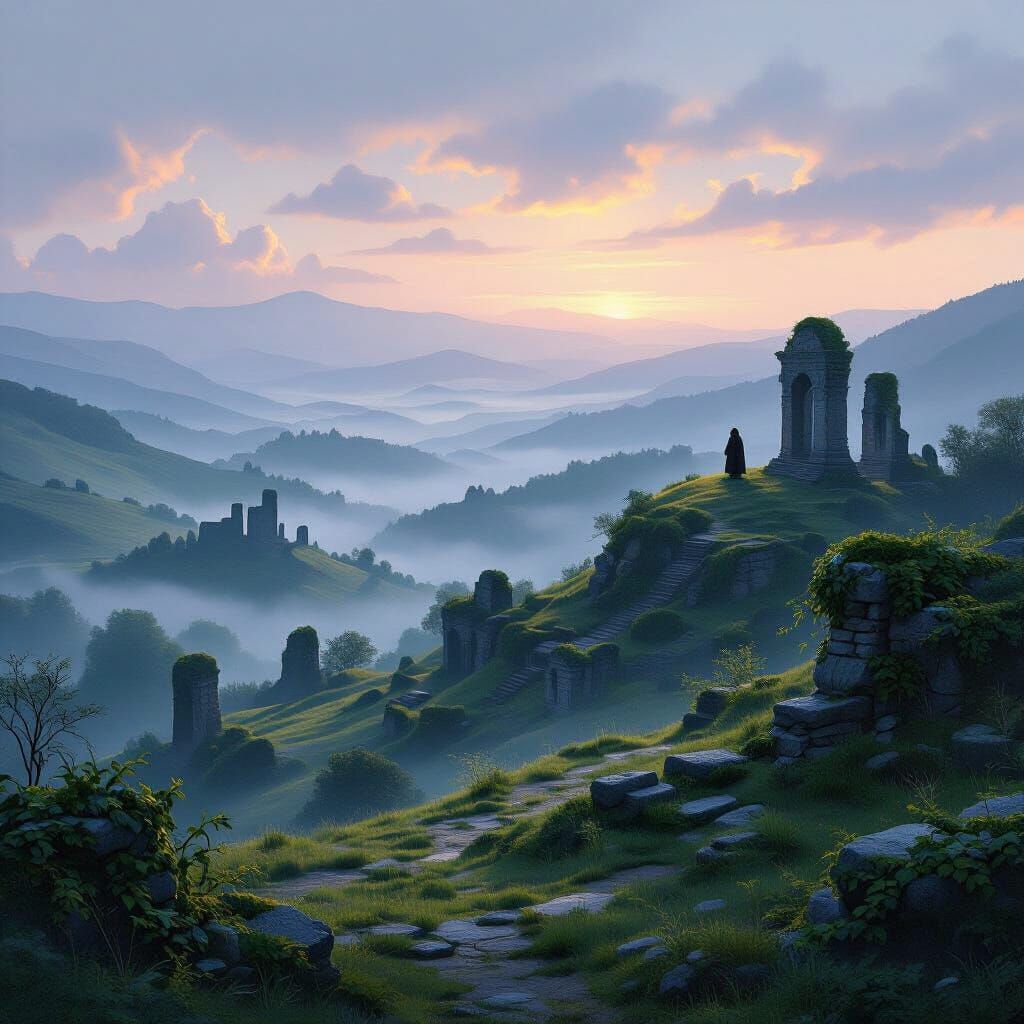 Ethereal Twilight Landscape with Ancient Ruins