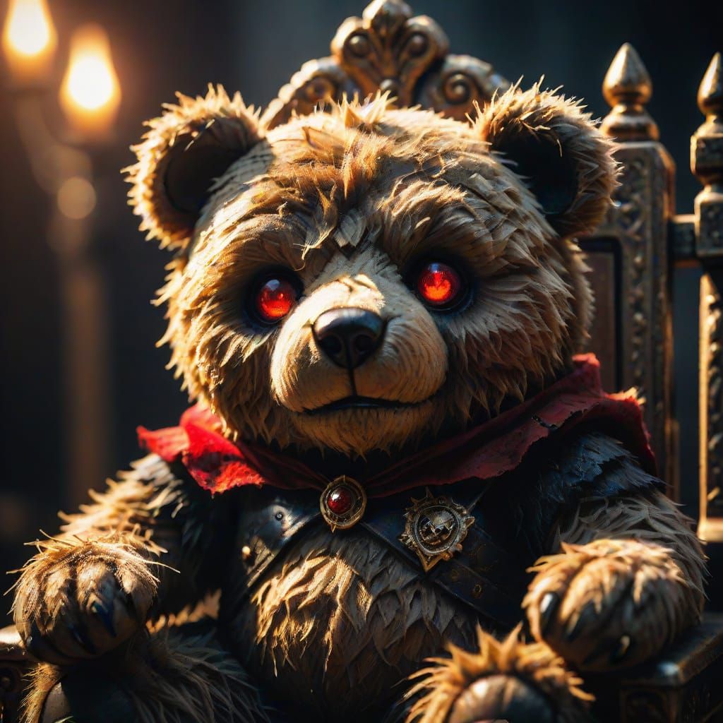 Evil Teddy Bear on Throne in Dark Fantasy Style