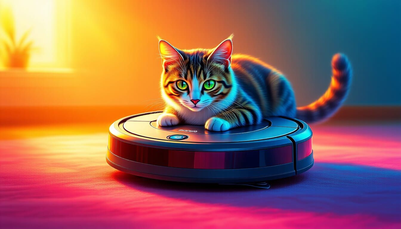 Surreal Cat Riding a Roomba in Vibrant Colors