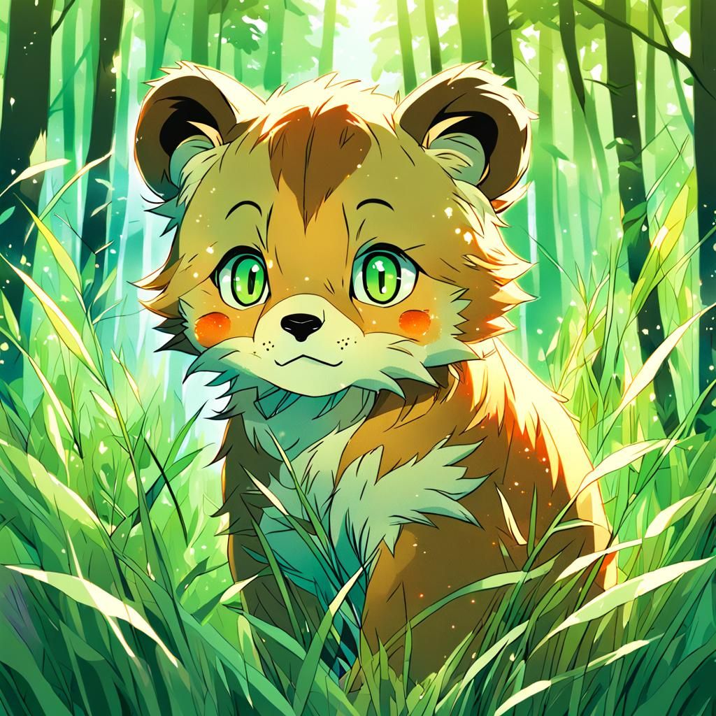 Lion Cub in Forest: Vibrant Anime Art