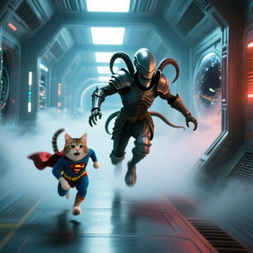 Xenomorph Knight Chases Cat in Zero-G Space Station
