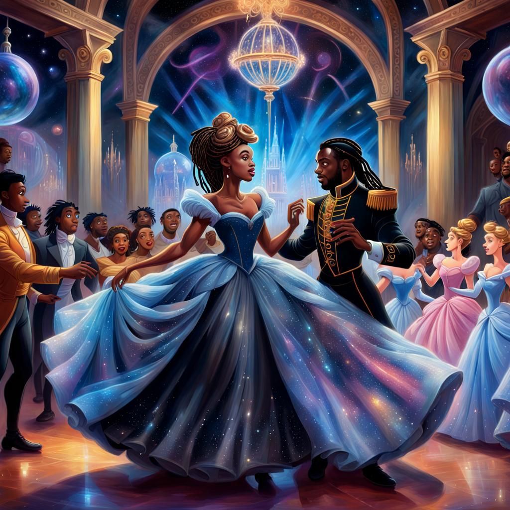 Black Cinderella and Prince Dancing, Oil Painting Style