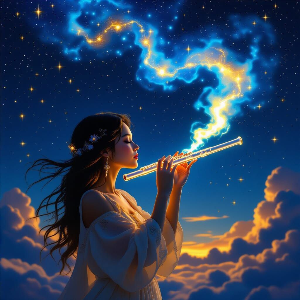 Celestial Flute Under Starry Night Sky