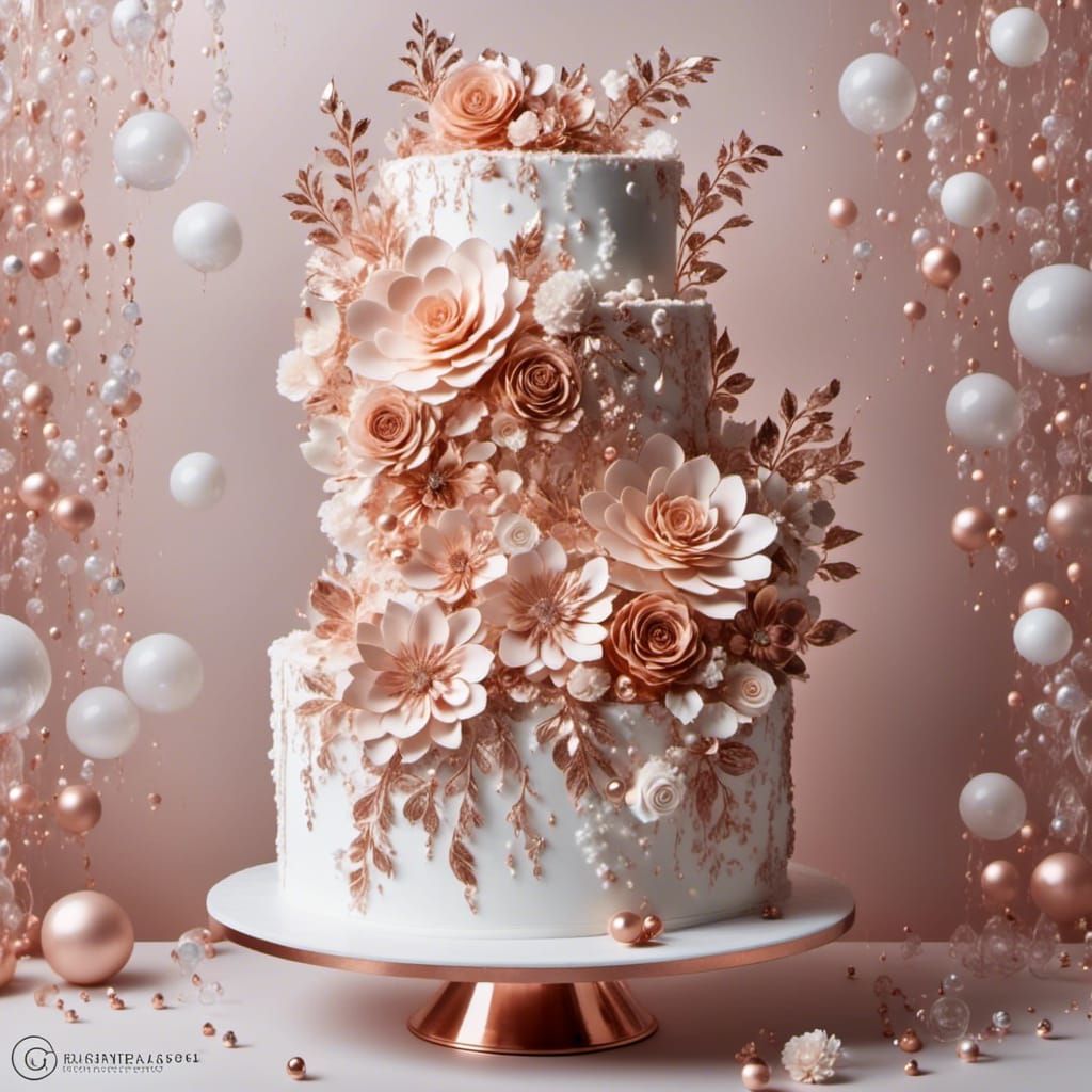 a rose gold and white flower wedding cake