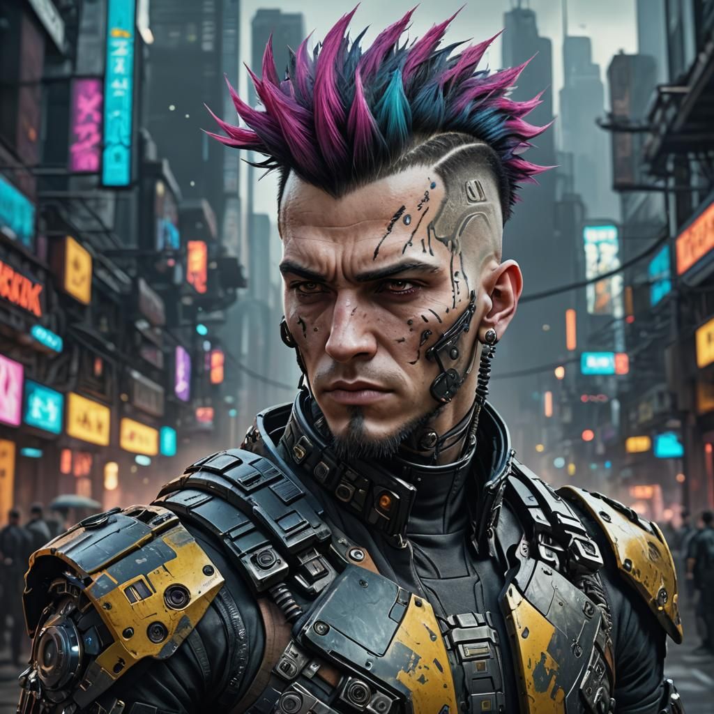 Cyberpunk Android with Mohawk, Detailed Digital Art