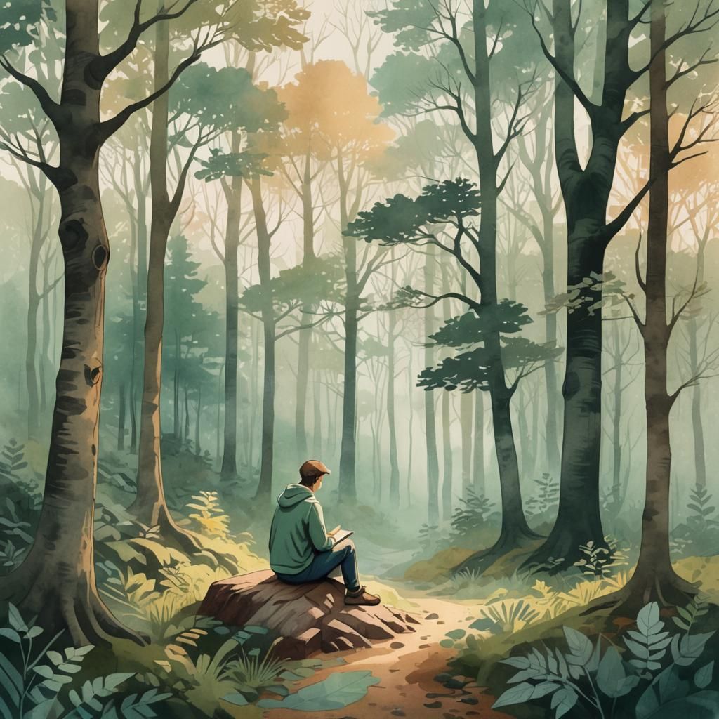 Serene Forest Meditation in Mixed Media Style