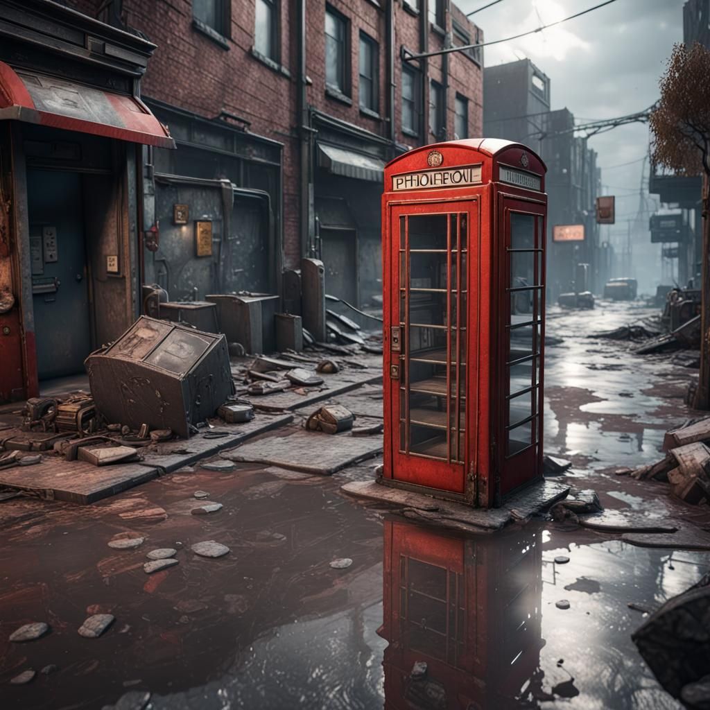 Apocalyptic Street with Red Phonebox in 3D