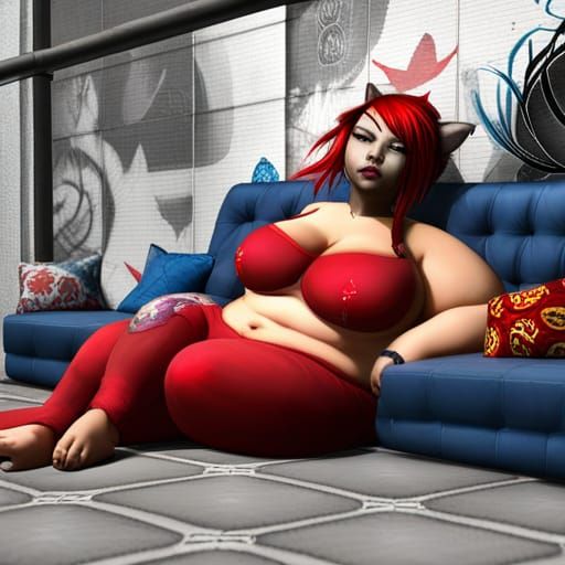 Vibrant Graffiti Art of Curvy Cat-Girl Lounging