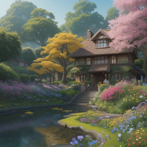 Serenity in a Vibrant Garden Paradise - Matte Painting Style