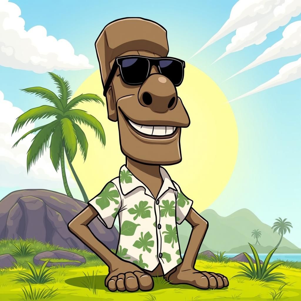 Moai Statue on Vacation in Disney Cartoon Style