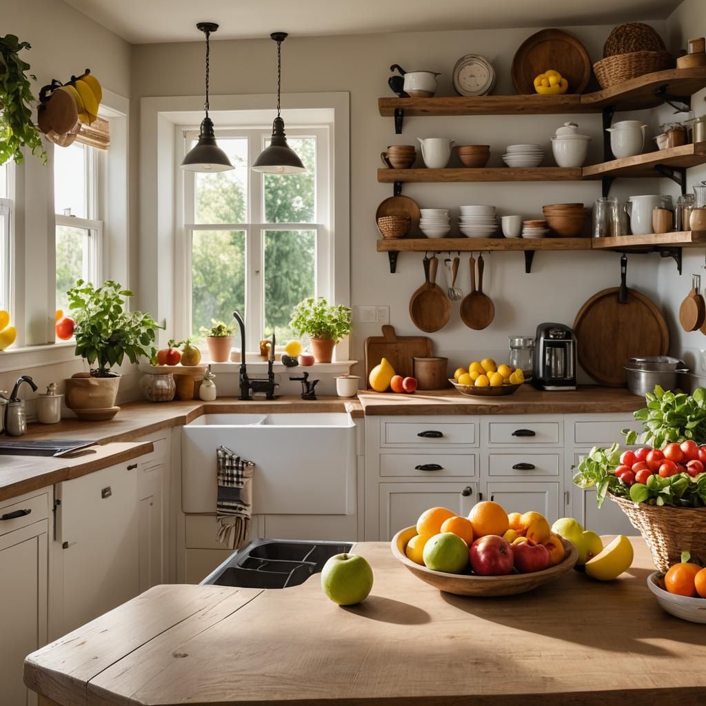 Farmhouse Kitchen with Fruit and Warm Light