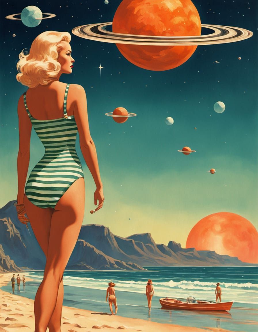 Retro-Futuristic Beach Scene with Cosmic Backdrop
