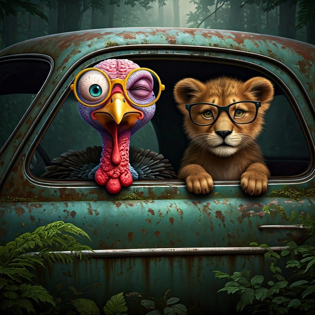 Cartoon Turkey and Cub in Classic Car