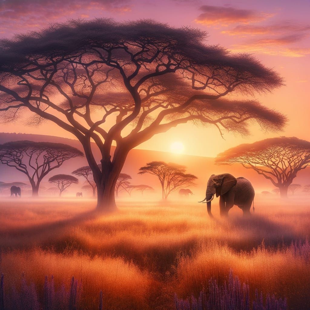African Savannah Dawn: Elephant in Golden Light
