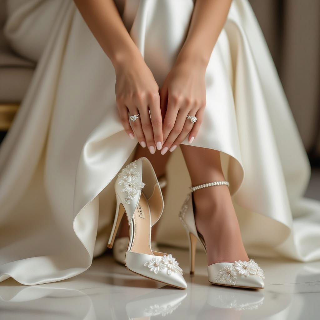 Elegant Woman Adorns Pearl Shoe in Soft Studio Light