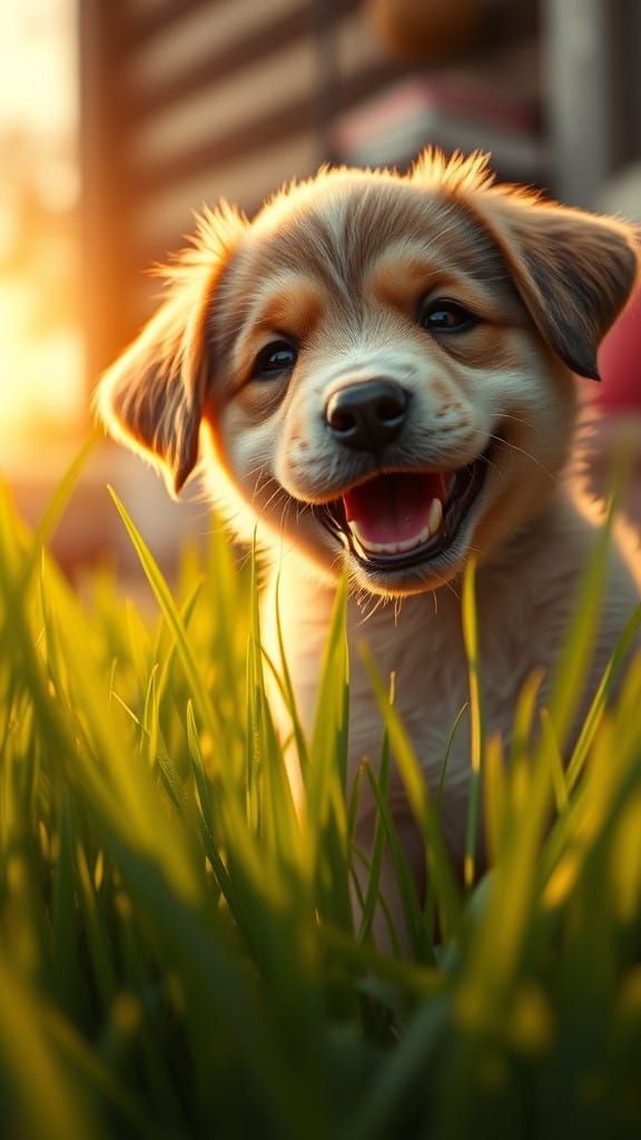 UM CACHORRO BEBÊ SORRINDO NA GRAMA DE UMA CASA NO NASCER DO ...