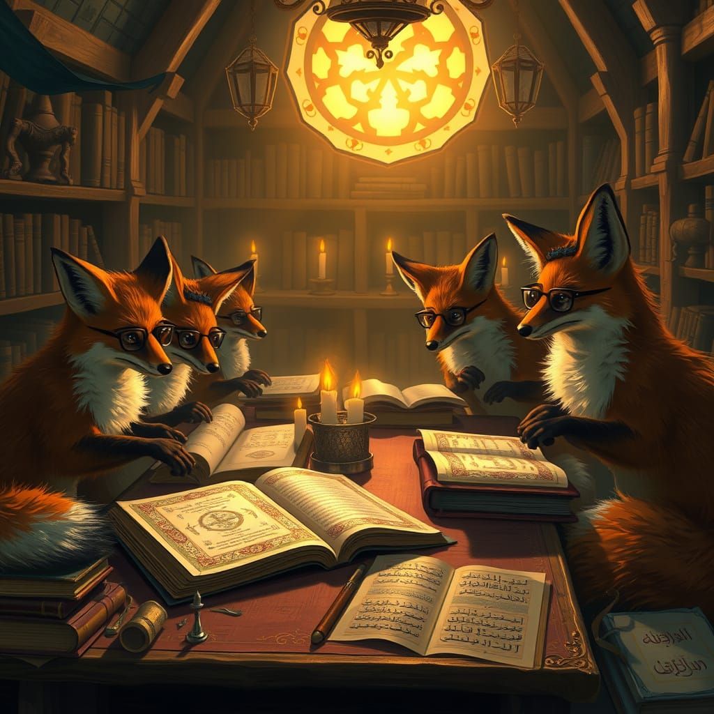 Fox Scribes Illuminating Sacred Texts in a Mystical Scriptor...