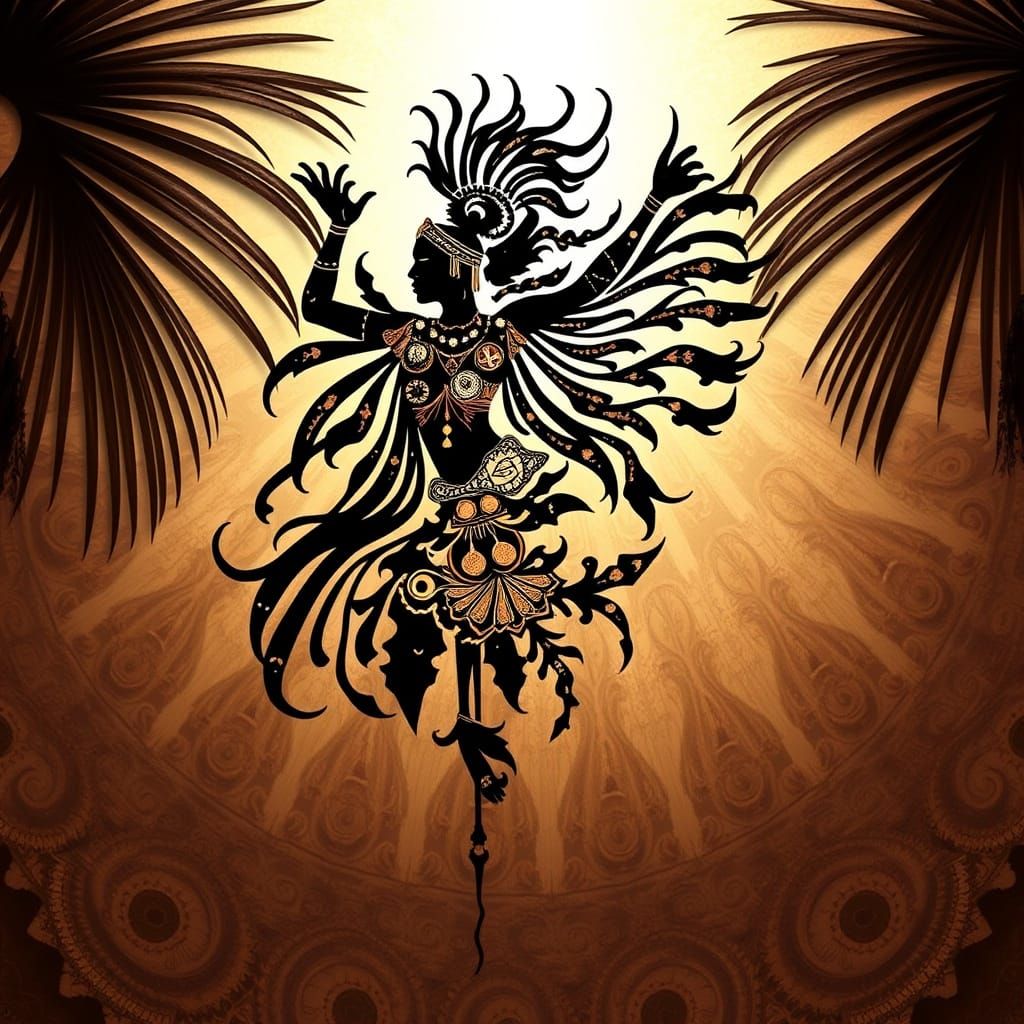 Tribal Dancer Silhouette with Parametric Paisley and Palm Le...