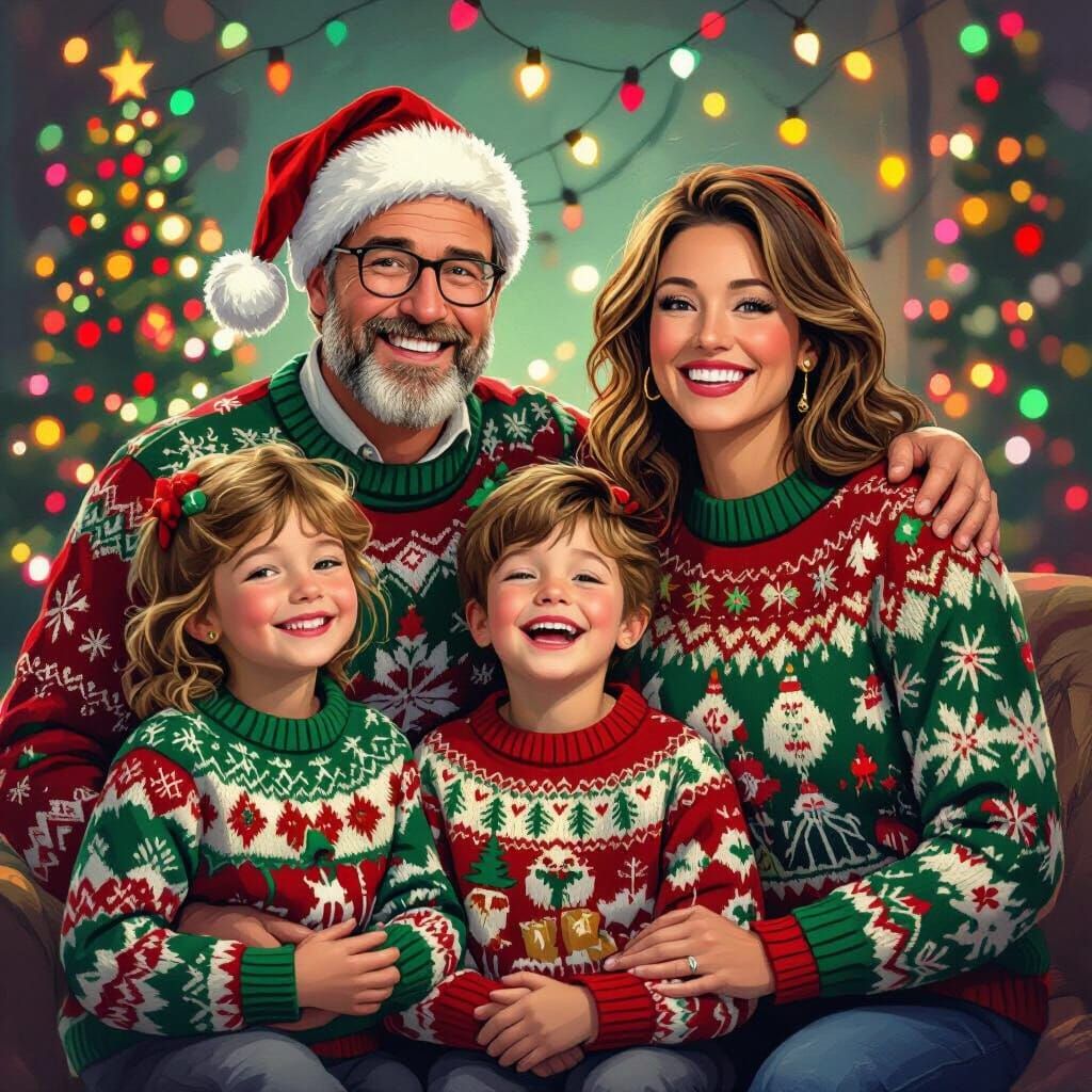 Family Christmas Sweater Portrait in Vibrant Digital Style