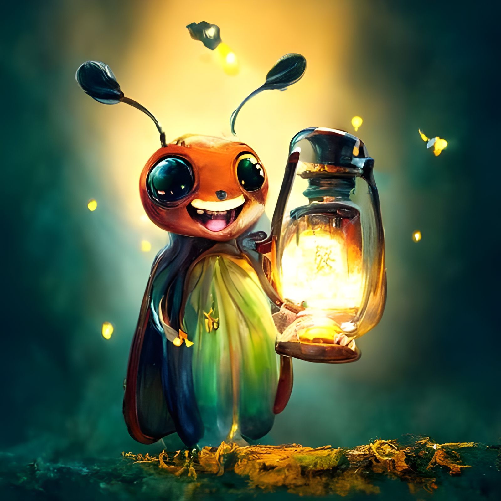 Adorable Firefly with Lantern in Hyperrealistic Style
