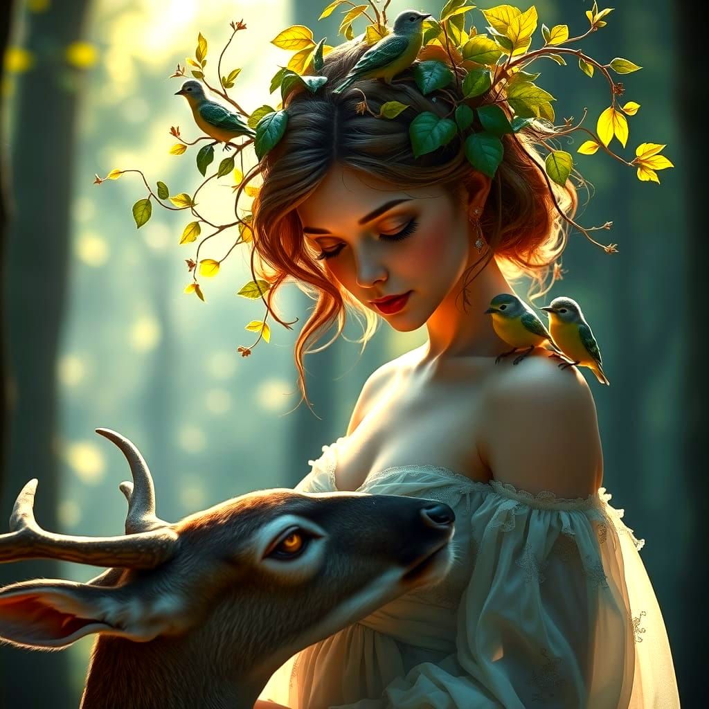 Serene Forest Sorceress in Art Nouveau Style