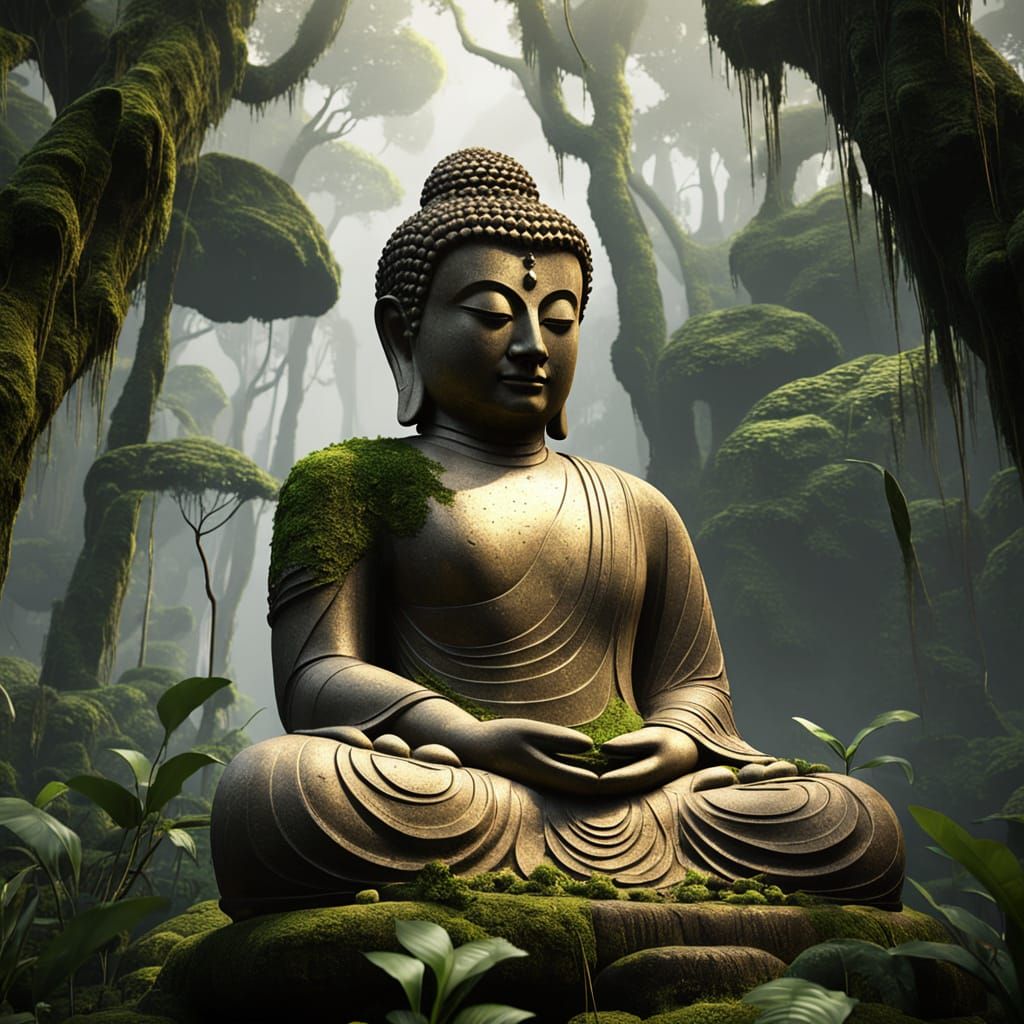 Colossal Buddha Statue in Misty Rainforest