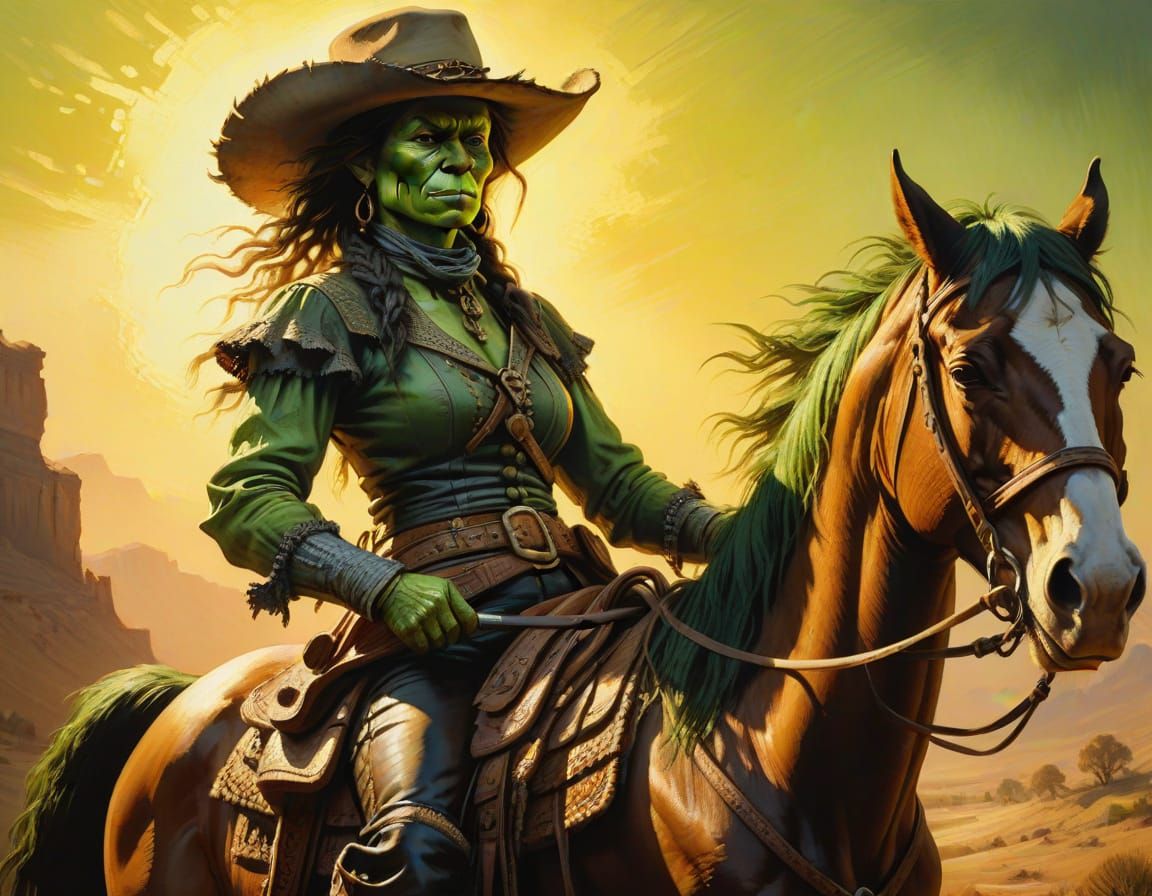 Orc Cowgirl on Horseback in Rembrandt Style