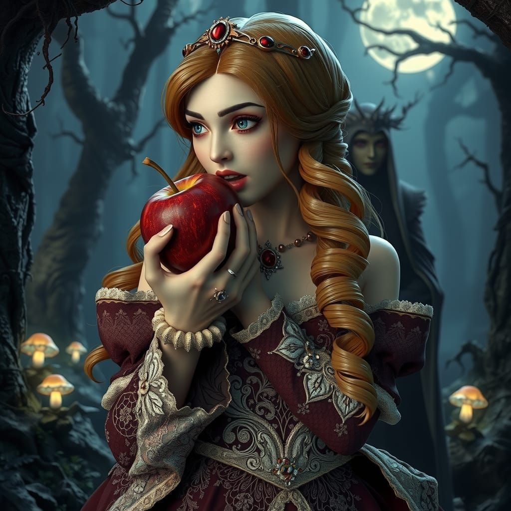 Golden Princess Bites Poison Apple in Moonlit Fantasy Forest