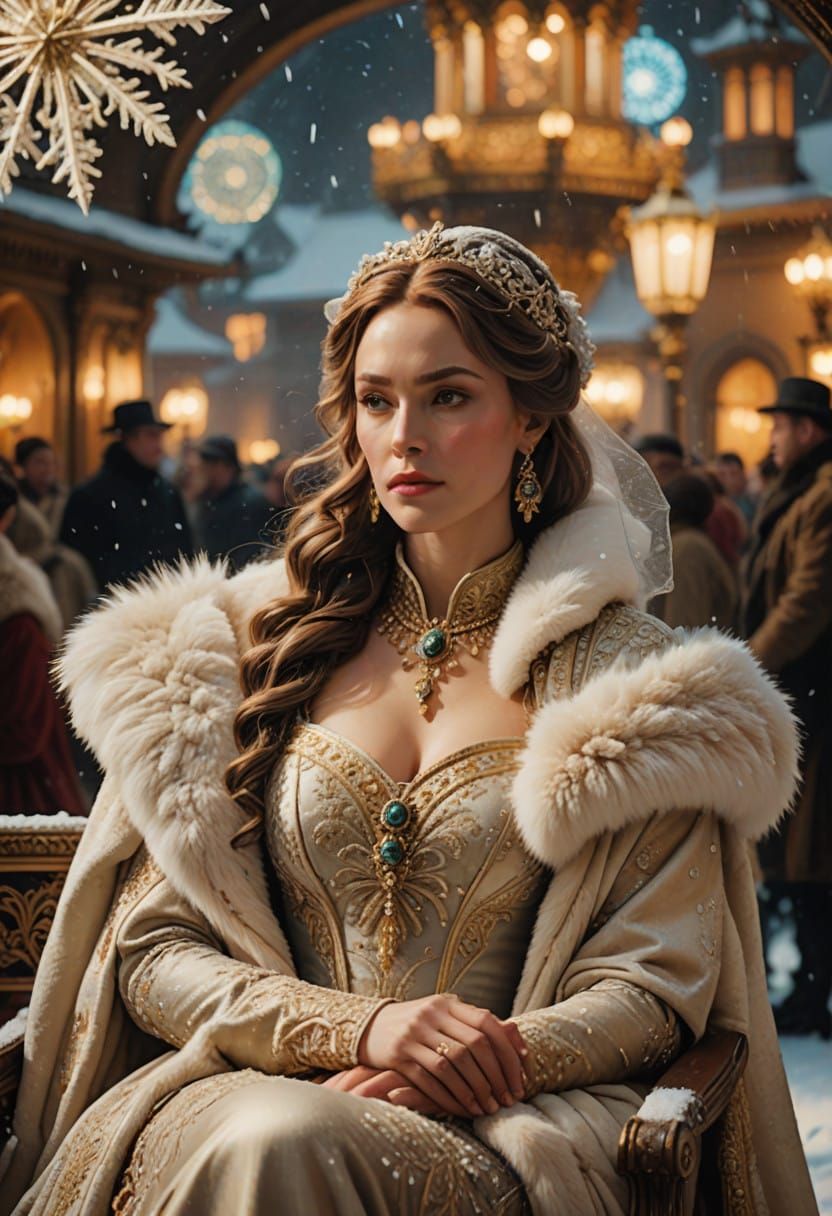 Regal Figure in Snowy Palace with Delicate Frost and Sparkli...
