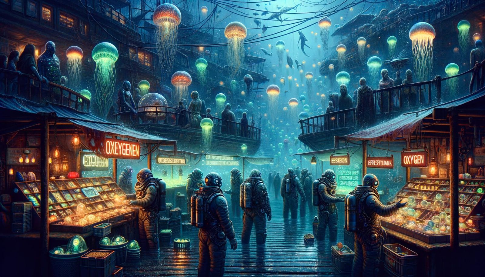 Underwater Oxygen Marketplace in Cyberpunk Style