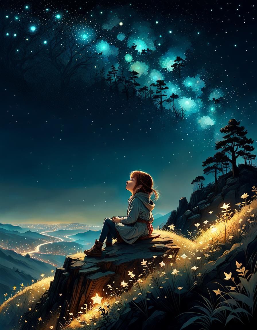 Child Stargazing: Detailed Digital Concept Art