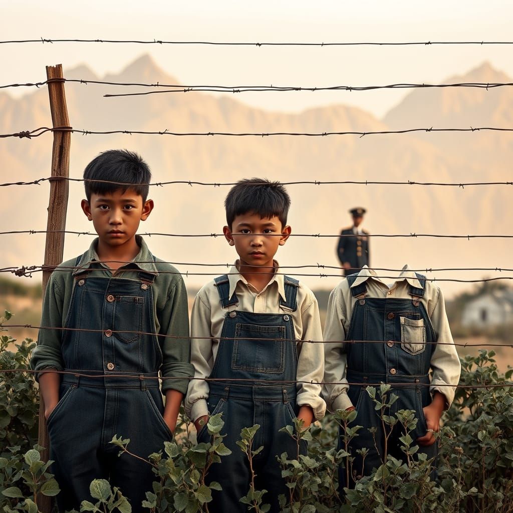 Three Boys Stand Behind Weathered Fence in Rugged Landscape