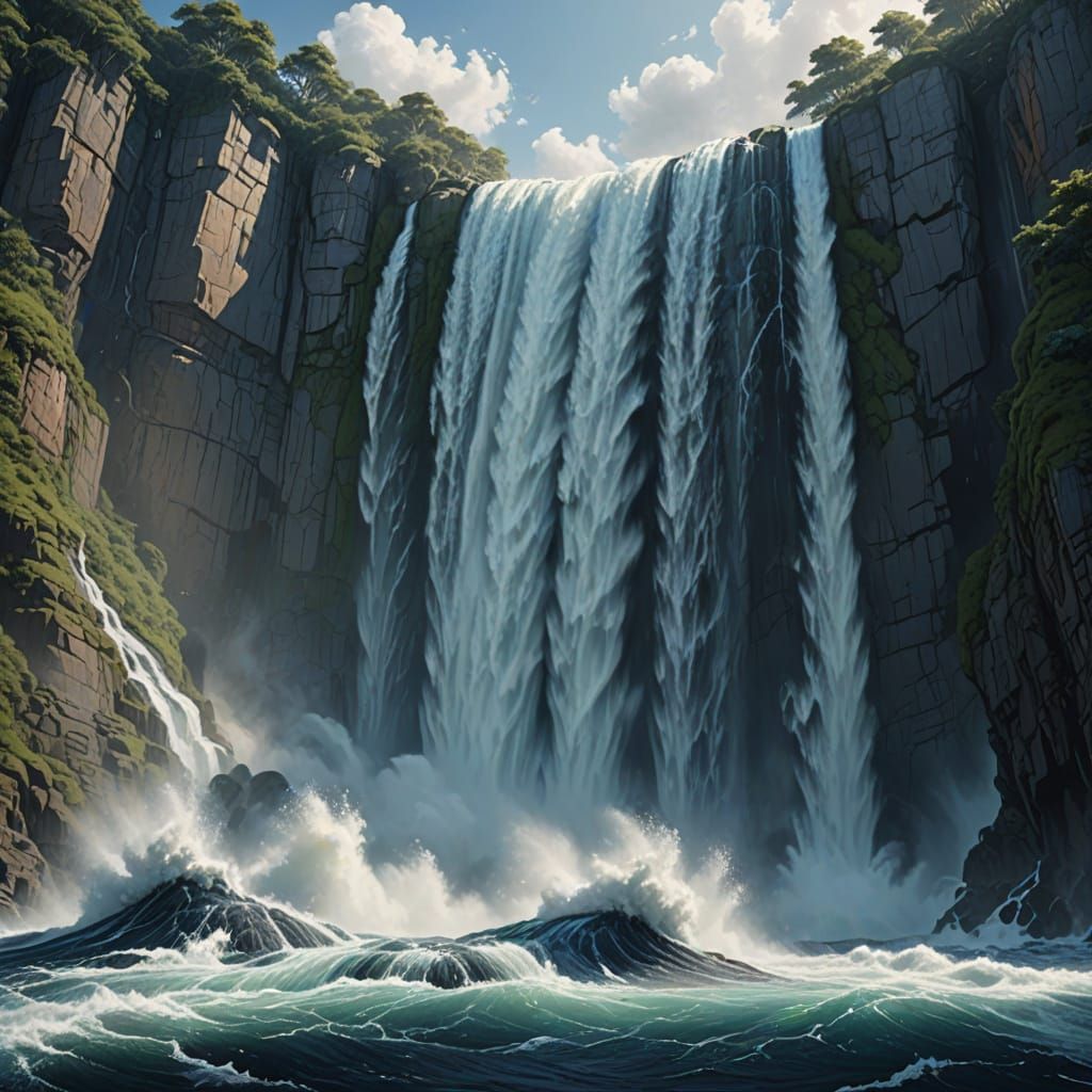 Mighty Waterfall Crashing Into Turbulent Sea
