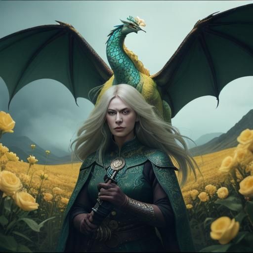 Silver Skinned Woman with Dragon Peacock Feathers